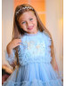 Beaded Baby Blue Lace Tulle Tea Length Flower Girl Dress